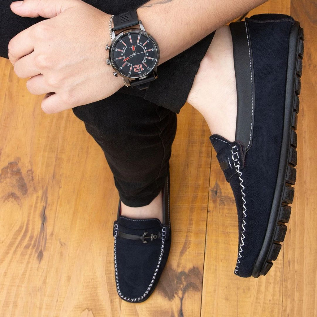 Mocasines de ante negro y azul marino para hombre